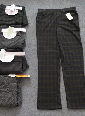 外贸日单女士弹力修身显瘦长裤休闲打底裤34361大码裤方格图案##