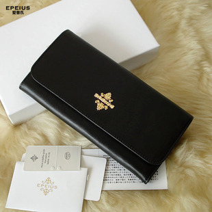 [爱普氏]真皮钱包女长款皮夹头层牛皮黑色守财包纯色手抓包邮