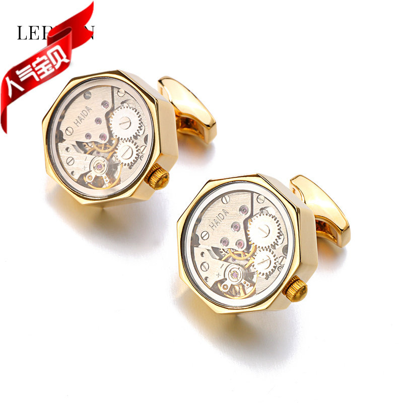 送礼盒新款时尚机械机芯袖扣盖玻璃品位男士法式衬衫专用袖扣饰品