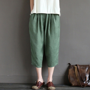 休闲裤 子 新款 女宽松大码 春夏季 韩版 七分裤 棉麻萝卜裤 亚麻哈伦裤