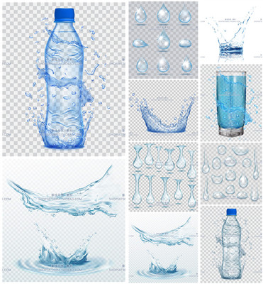 A3598矢量水滴水珠飞溅矿泉水瓶杯子图案广告背景插画 AI设计素材