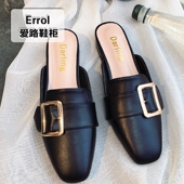金属方扣懒人拖 休闲单鞋 欧洲站半拖女鞋 平底方头中跟包头半托皮鞋