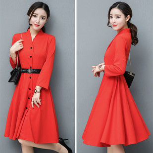 2019秋季 气质V领七分袖 新款 收腰显瘦时尚 连衣裙女 长裙韩版 妈妈装