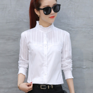 衣女土花边内搭木耳领打底村杉忖讨寸衬衣褂 衬衫 春秋新款 白色长袖
