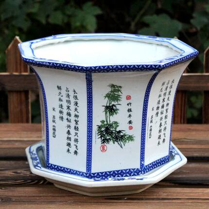 加厚陶瓷特大号青花花盆八角多肉兰花专用带托盘家有孔吊兰桌面