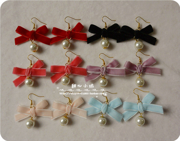 店主手作 毛茸茸软妹森女原宿甜系糖果色 可爱丝绒蝴蝶结珍珠耳环