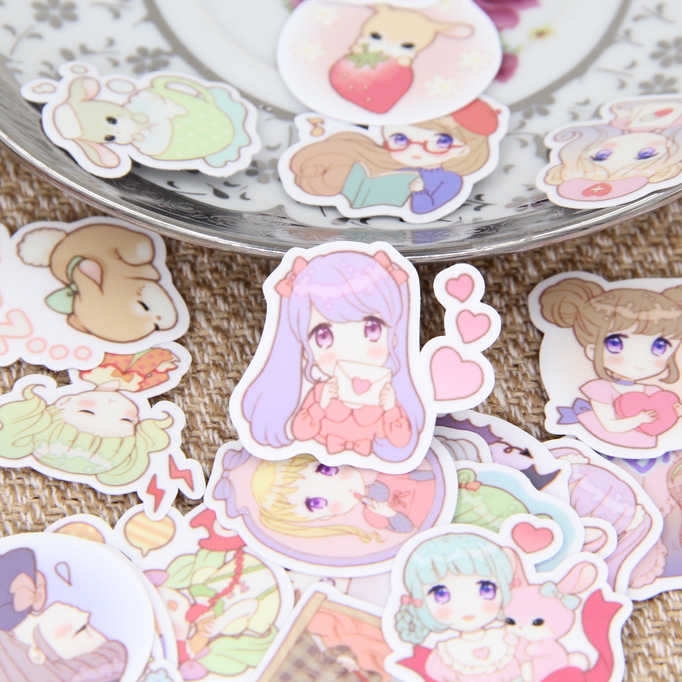 漂亮可爱水彩小女孩 line人物表情手账装饰贴纸包 自制防水贴纸