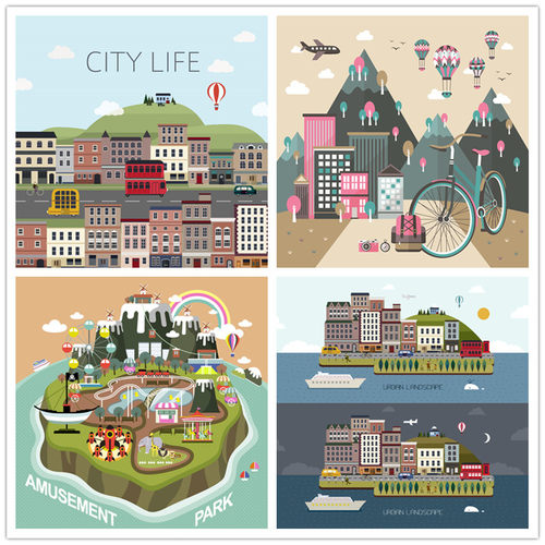 A0133矢量彩色城市扁平化建筑游乐场热气球 AI设计素材