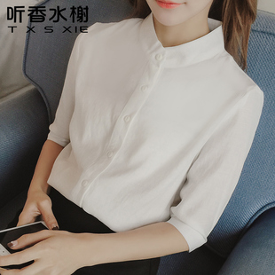 白衬衫女韩范短袖2025新款夏季中袖职业装雪纺衫七分袖上衣女衬衣