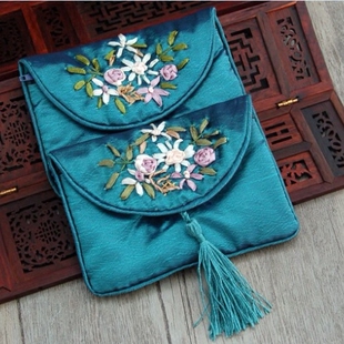 丝绸首饰袋 民族风手工绣花拉链流苏布艺汉风佛珠袋孔雀蓝（绿）
