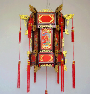 品涮金六角实木仿古宫灯吊灯东阳木雕龙凤结婚木质红灯笼送灯线