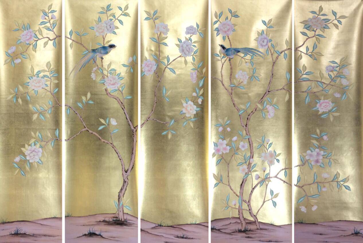 格子金手绘墙纸壁画中式工笔花鸟图背景墙客厅玄关背景金箔手绘
