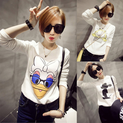 春秋韩版纯棉长袖宽松百搭打底衫内搭休闲卡通圆领学生t恤女 上衣