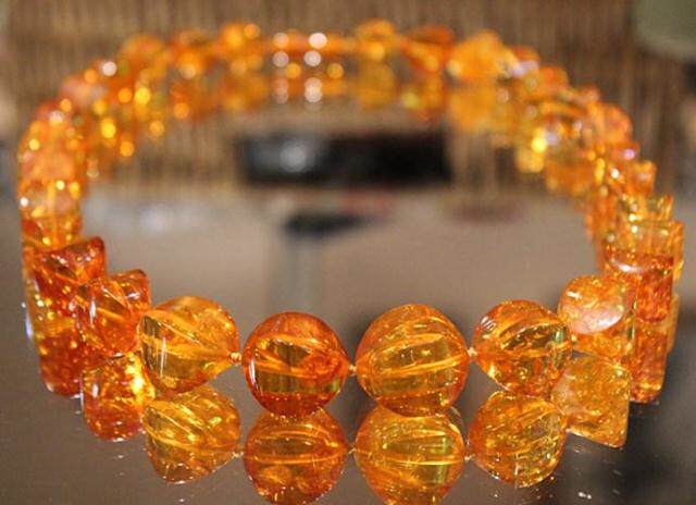海外进口二手天然金珀花珀老琥珀蜜蜡刻面圆珠11-17MM59克女项链