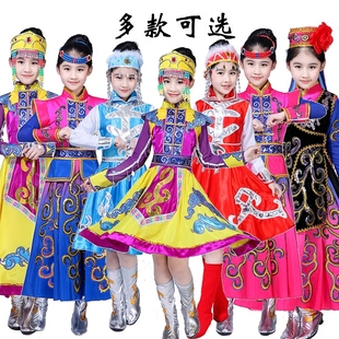 2018蒙古族服装女袍少数民族筷子舞蹈表演顶碗舞儿童演出服饰长款