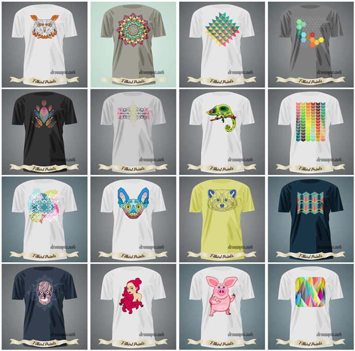 [586]AI矢量设计素材 20张T恤印花几何花纹动物头像图案