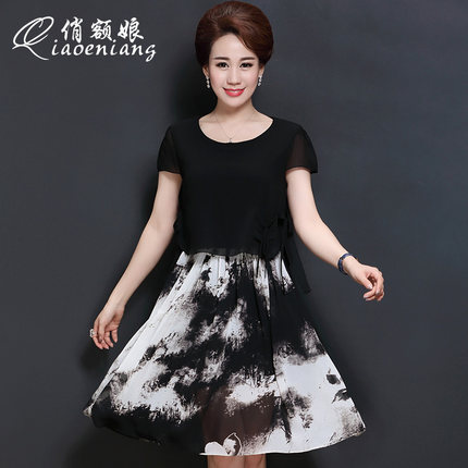 2017夏装新款气质大码女装妈妈装假两件印花雪纺连衣裙显瘦A字裙