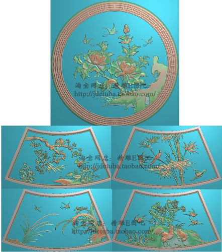 梅兰竹菊花鸟圆桌木雕精雕图灰度图精品圆台面板四季花2餐桌浮雕