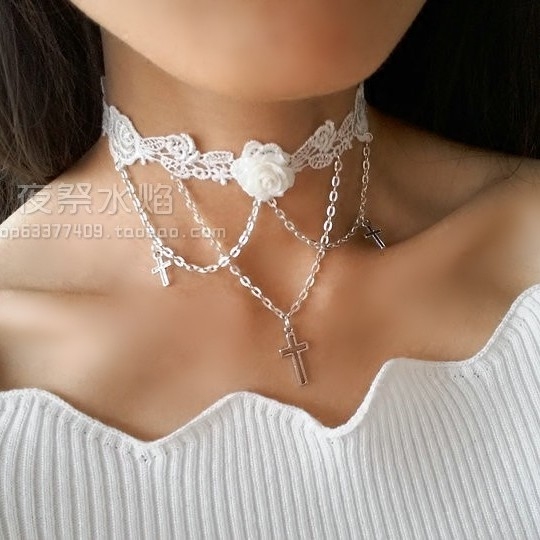 祈祷复古十字架婚礼流苏蕾丝项链