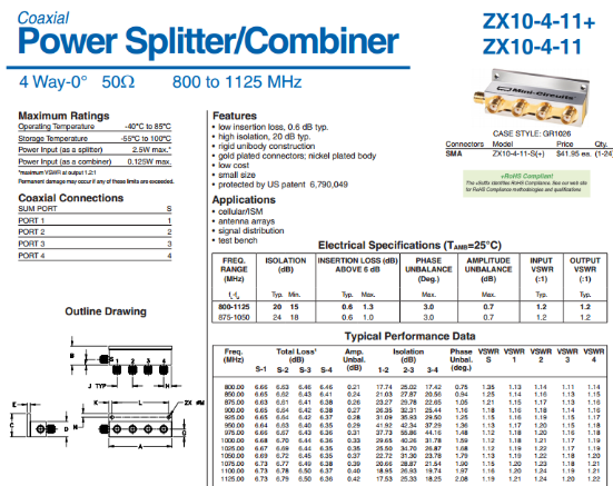 800-1125MHz 射频一分四功分器 代替 ZX10-4-11 Mini-Circuits