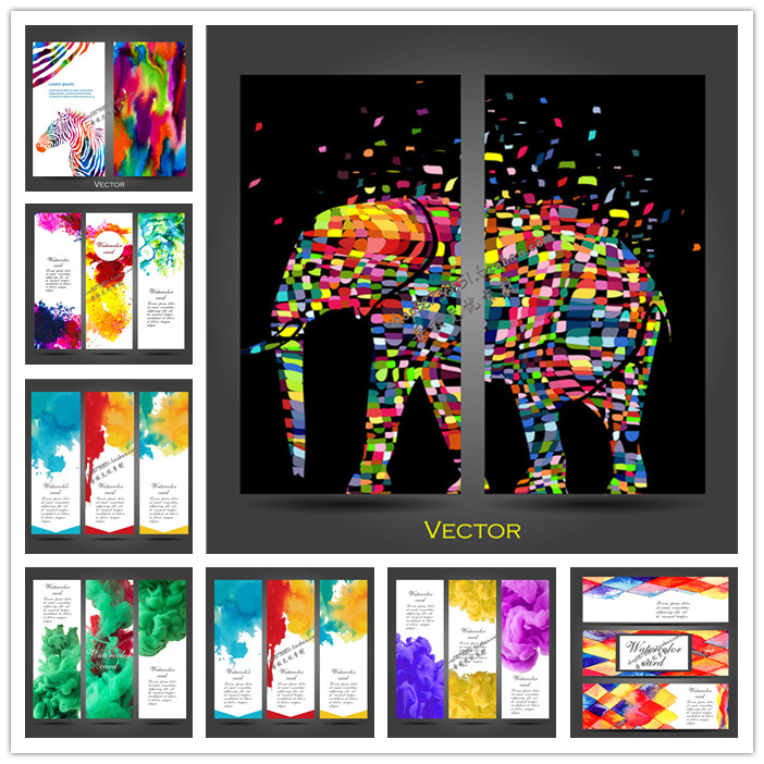 A1995矢量水彩涂鸦风格纹理横幅海报图案几何大象斑马 AI设计素材