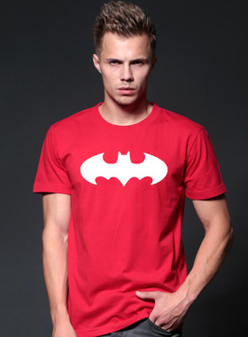 潮牌蝙蝠侠印花t恤夏装圆领红色宽松大码半袖纯棉情侣短袖夏上衣