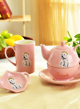 英国粉色Harrods茶具套装西高地骨瓷杯陶瓷子母茶壶茶杯咖啡杯