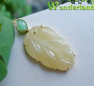 天然A货黄+绿色冰糯种翡翠叶子事业有成吊坠项链18K黄金镶玉现货