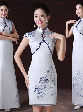 礼仪小姐旗袍服装迎宾小姐青花瓷旗袍红色长短款酒店礼仪服装