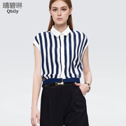 Linda new Qing bi ladies short sleeve shirt spring 2015 Europe lapel jacket striped short chiffon shirt