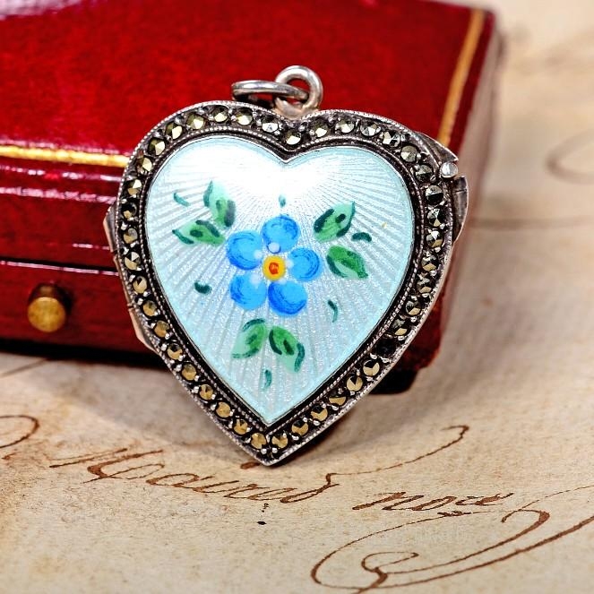 庭院西洋古董首饰 维多利亚时代纯银蓝珐琅桃心开合相片盒银吊坠