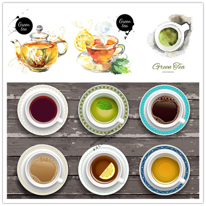 A1212矢量水彩风格茶杯茶壶茶叶图案插画海报模板 AI设计素材