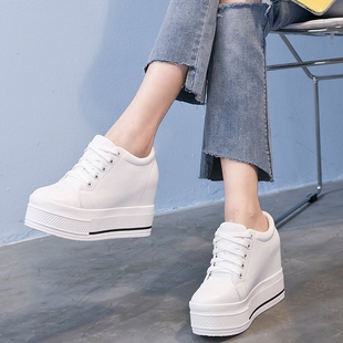 低帮单鞋 女厚底松糕跟休闲内增高小白鞋 子系带10cm 帆布鞋 2025夏季