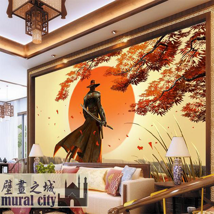 日本夕阳武士剑客墙纸日式剑道画壁纸大型壁画酒店电视沙发背景墙