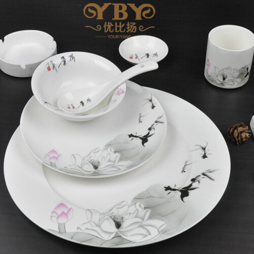 酒店餐厅摆台陶瓷餐具 碗碟茶杯茶壶组合套装 中式水墨画荷花莲花 - 封面