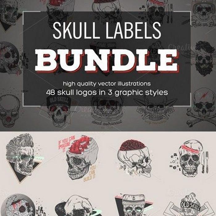 [369]48个手绘哥特骷髅头骨T恤印花图案 AI矢量设计素材