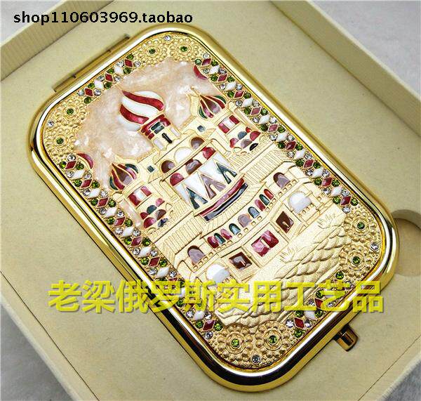 Z4俄罗斯锡金属双面折叠化妆镜子长方形大号镶钻金色美菱城堡欧式