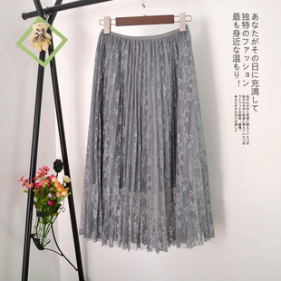 2024春夏新款蕾丝垂感百褶半身裙蓬蓬网纱大摆裙中长款裸色纱裙子