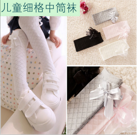 儿童女童纯棉春秋格子白色中筒袜套