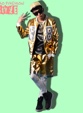 [独家]夜店男歌手DSDJ权志龙GD风金色拼接字母嘻哈酒吧演出服配饰