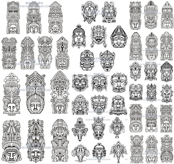 A0537矢量印度玛雅原始部落复古雕塑面具立柱图腾崇拜 AI设计素材 商务/设计服务 设计素材/源文件 原图主图
