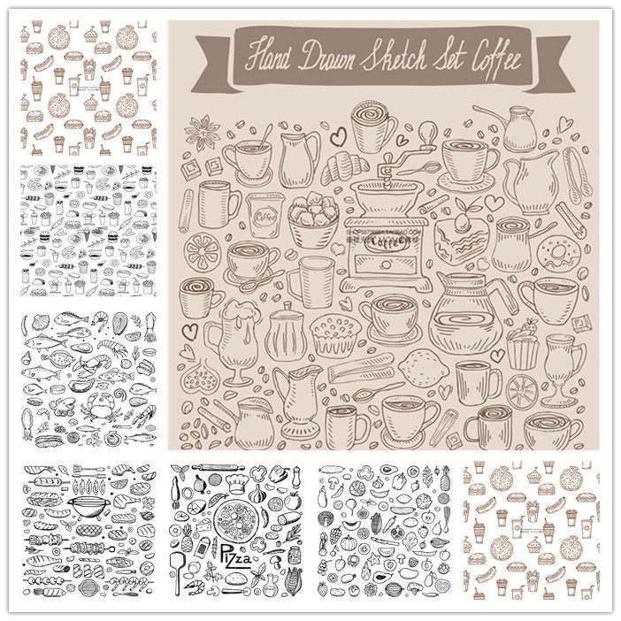 a2791矢量食物线稿简笔画咖啡快餐海鲜披萨烤串水果 ai设计素材