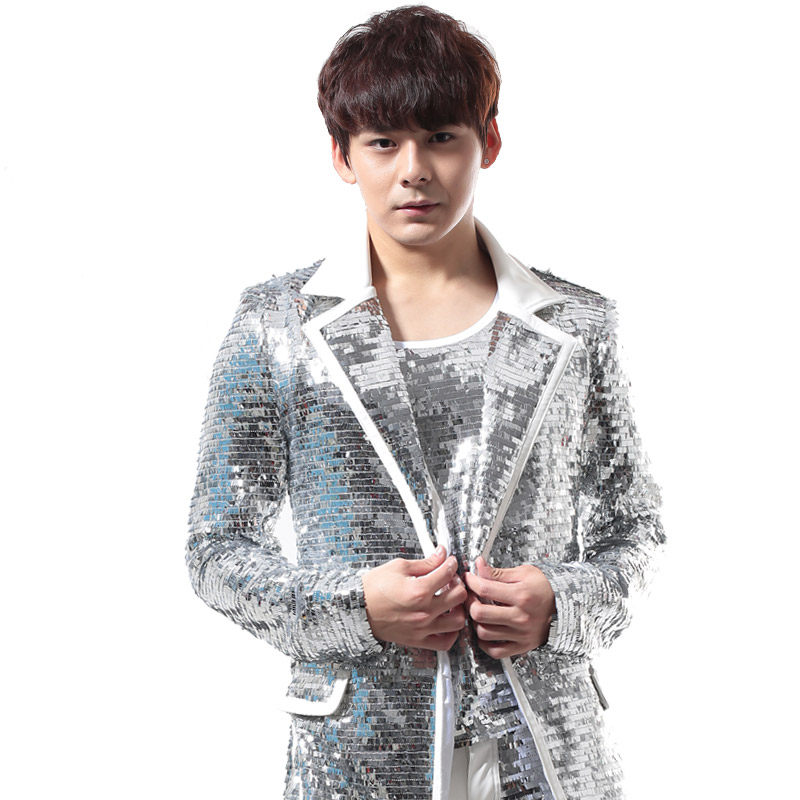 韩版夜店个性男歌手酒吧DJ摇滚朋克银色亮片服装西装皮衣演出服男