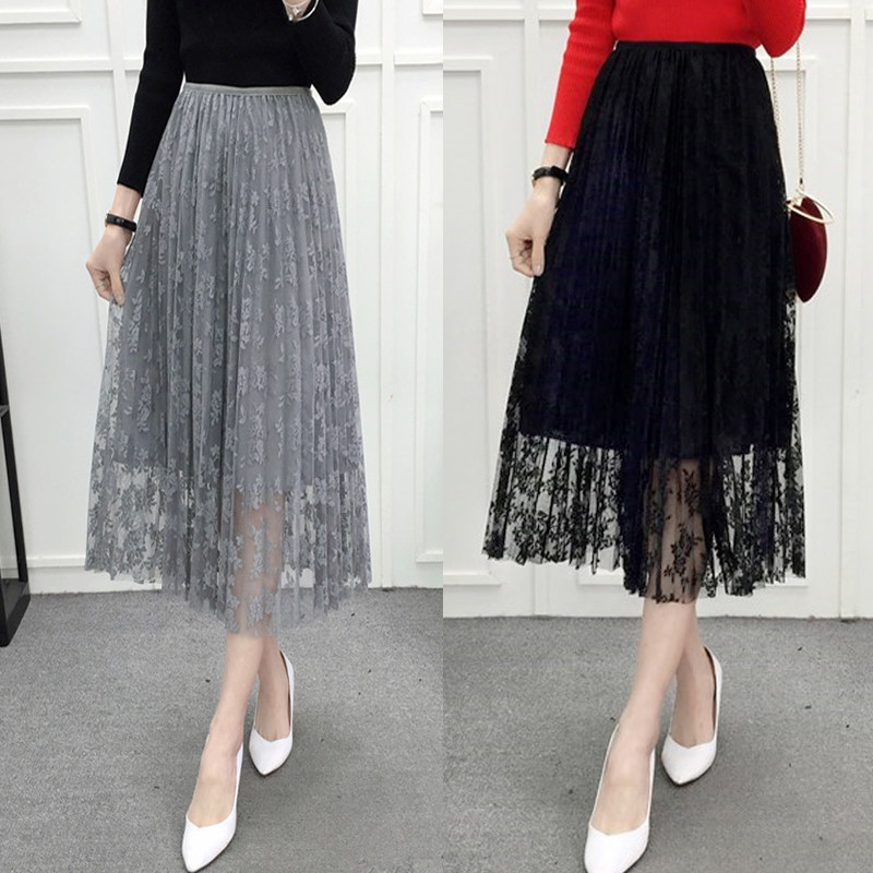 2019春秋新款韩版纱裙高腰百褶a字裙中长款网纱蕾丝半身裙夏裙子在类目 女装/女士精品, 半身裙中 - 来自Buy2taobao.com提供专业的淘宝代购服务