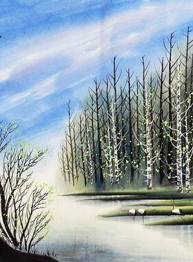 纯手绘四尺山水仙鹤风景斗方国画