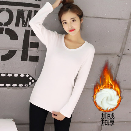 新款韩版秋冬季圆领长袖修身紧身打底衫加绒加厚保暖T恤女装上衣
