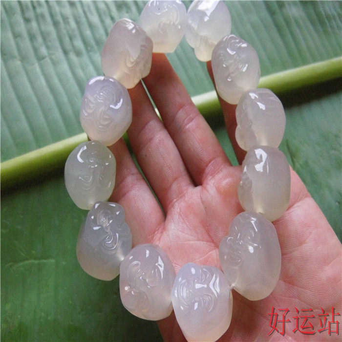 促销新款海洋白玉髓男士手链佛头玛瑙手串水晶手珠宝石佛珠收藏品