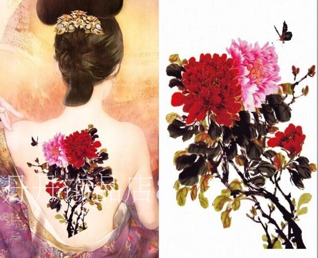 免邮贴女防水纹身 大图 牡丹国画 满背  写真拍摄 彩绘身体