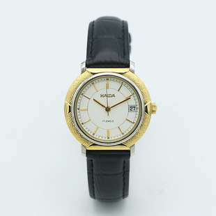海达手表老上海产简约商务皮带精钢三针日历机械男表库存全新