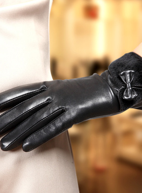 warmen羊皮手套女士冬季保暖加绒时尚皮草蝴蝶结真皮手套L151NC